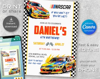 May include: A printable birthday invitation featuring a colorful race car with the text "NASCAR If You Ain't 1st You're Last!" and "Daniel's 6th Birthday!"  The invitation includes the date, time, and location of the party.