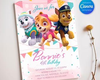 Druckbare bearbeitbare Einladung, Welpen Geburtstag einladen junge Mädchen, Welpen-Party, sofortiger Download, Paw Kinder Geburtstag einladen Vorlage