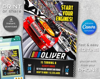 May include: A black and red race car birthday party invitation with a red race car on a black track. The invitation says "Start Your Engines!" and "Oliver is turning 8".