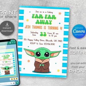 Puede incluir: Una invitaci&oacute;n a rayas azules y blancas con un personaje alien&iacute;gena verde. La invitaci&oacute;n dice "Join us in a Galaxy Far Far Away" y "Jedi Thomas is turning 4!" con una fecha y hora. La invitaci&oacute;n es para una fiesta de cumplea&ntilde;os.