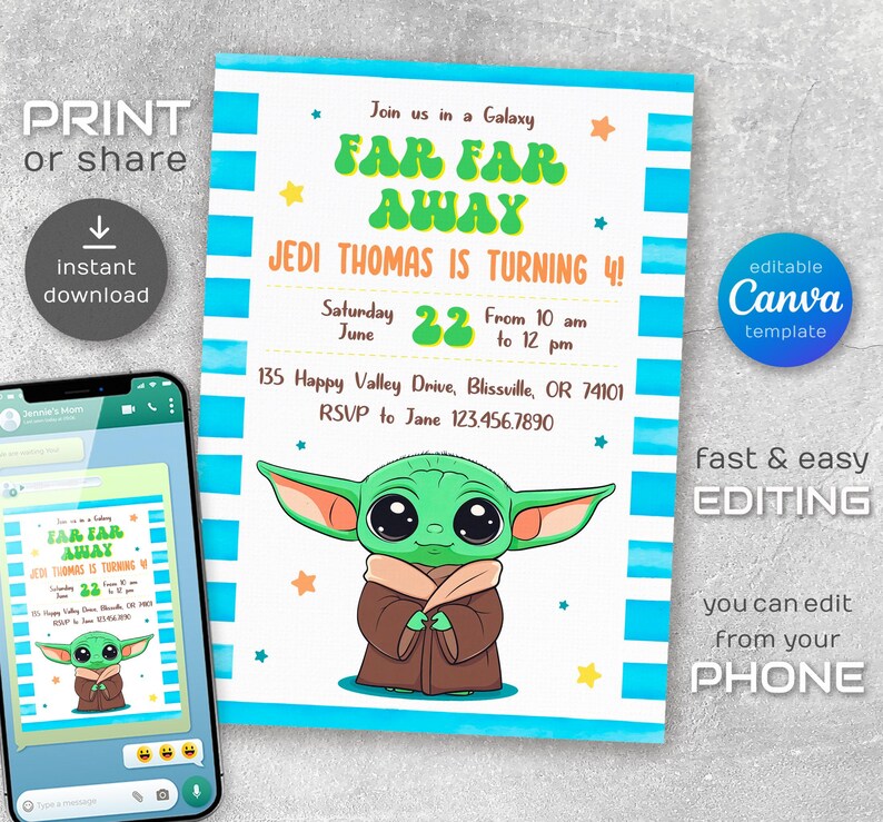 Puede incluir: Una invitaci&oacute;n a rayas azules y blancas con un personaje alien&iacute;gena verde. La invitaci&oacute;n dice "Join us in a Galaxy Far Far Away" y "Jedi Thomas is turning 4!" con una fecha y hora. La invitaci&oacute;n es para una fiesta de cumplea&ntilde;os.