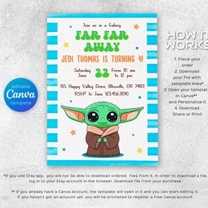 Puede incluir: Un fondo a rayas azul y blanco con un personaje de dibujos animados verde que lleva una t&uacute;nica marr&oacute;n. El texto "Join us in a Galaxy Far Far Away" est&aacute; en una fuente retro. El texto "Jedi Thomas is turning 4!" est&aacute; en negro. El texto "Saturday June 22 From 10 am to 12 pm" est&aacute; en verde. El texto "135 Happy Valley Drive, Blissville, OR 74101 RSVP to Jane 123.456.7890" est&aacute; en negro. El texto "How It Works" est&aacute; en negro. El texto "1. Place your order 2. Download your file with template links 3. Open your template in Canva and Personalize it 4. Download. Share or Print" est&aacute; en negro.