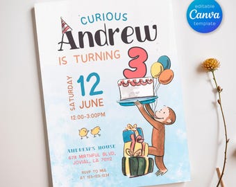 Curious George birthday invitation, Printable monkey invite, ape invite, Curious George party, boy 1st 2nd 3rd birthday, editable template