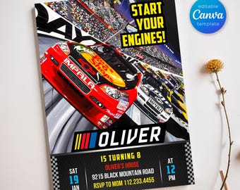 May include: A black and red race car birthday party invitation with a checkered flag design. The invitation features a red race car with the word "IMPALA" on the side. The text "START YOUR ENGINES!" is at the top of the invitation. The invitation is for Oliver's 8th birthday party on January 19th at 12 PM. The address is 9215 Black Mountain Road and the RSVP number is 112.233.4455.
