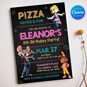May include: A black chalkboard birthday party invitation with a colorful design featuring a cartoon pizza character and a cartoon bird. The invitation says "Pizza Games & Fun" and "You are invited to Eleanor's 8th Birthday Party!" with the date and time of the party. The invitation also includes the location and RSVP information.
