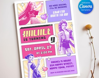 May include: A rectangular birthday invitation template featuring a comic book layout with pink and purple panels. It displays illustrations of three characters, the text "RACHEL IS TURNING 9", "SAT, APRIL 27 AT 2:00 PM", and event details including the address and RSVP phone number.