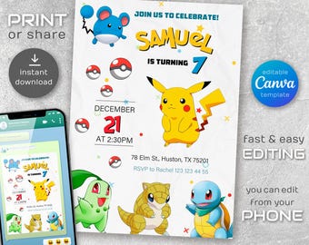 Printable Birthday Invitation, b-day invite, editable invitation, anime birthday invite, Instant Download