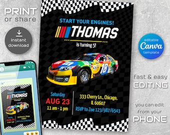 May include: Editable Canva template for a birthday party invitation. The invitation features a black and white checkered background with a colorful race car and the text "Start Your Engines! Thomas is turning 5!"  The invitation also includes the date, time, and location of the party.