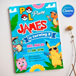 Anime-Geburtstagseinladung, bearbeitbare Geburtstagsparty einladen, digitaler Download für Jungen, Pool-Party Thema druckbare Karte, benutzerdefinierte Pika Evite