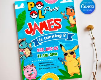 Anime Birthday Invitation, Editable bday Party Invite, Digital Download for Boys, Pool party Theme Printable Card, Custom Pika Evite