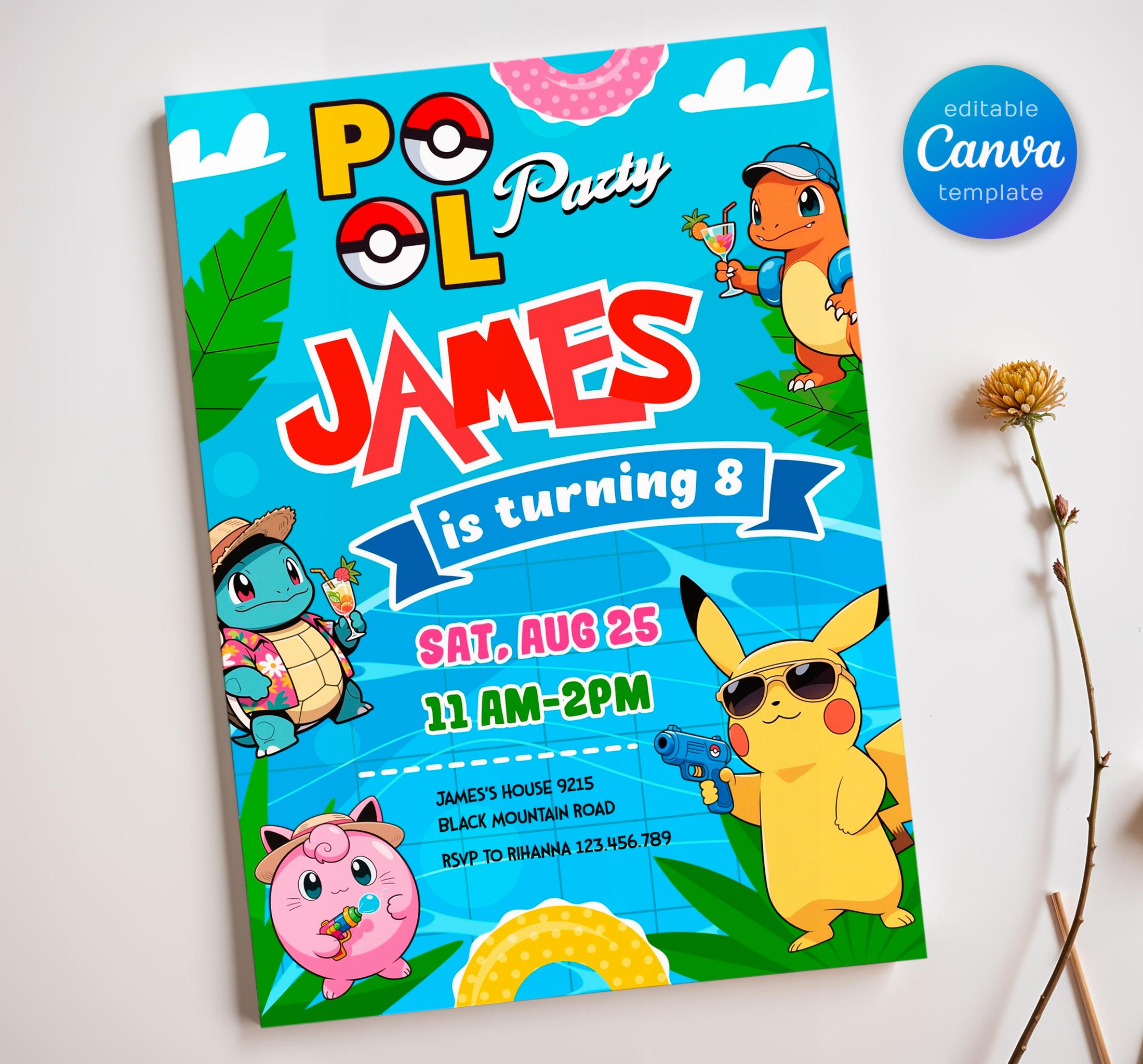 Anime Birthday Invitation, Editable bday Party Invite, Digital Download for Boys, Pool party Theme Printable Card, Custom Pika Evite