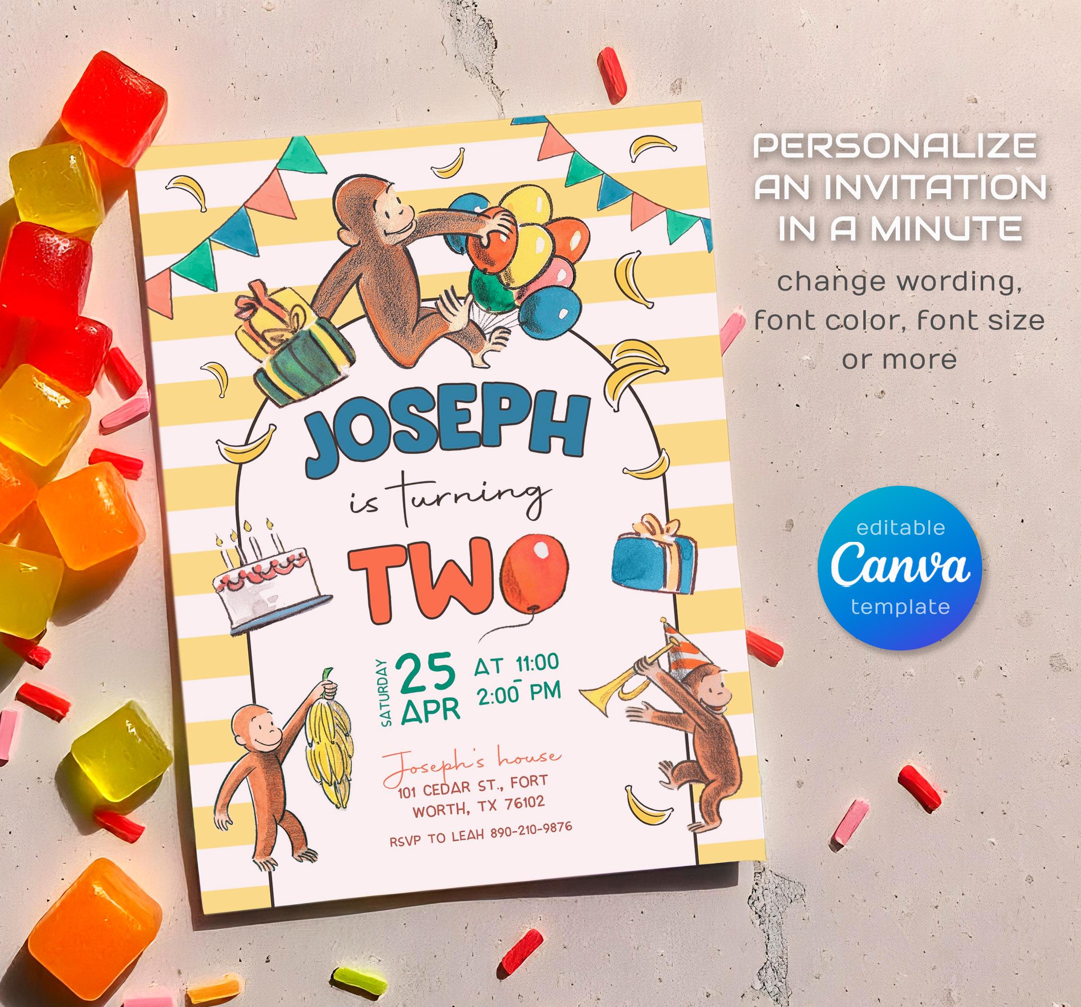 George Michael Invitation Curious George Birthday Invitation, Printable Monkey Invite, Ape Invite ...