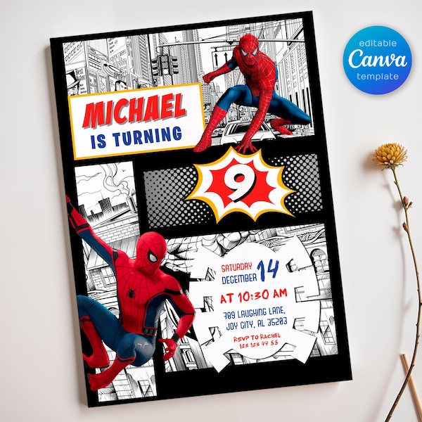 Może przedstawiać: Zaproszenie w stylu komiksowym z motywem Spider-Mana. Projekt zawiera tekst "MICHAEL IS TURNING 9" w kolorze czerwonym. Zaproszenie zawiera szczegóły wydarzenia: datę, godzinę i miejsce. Niebiesko-biała odznaka "editable Canva template" znajduje się w rogu.
