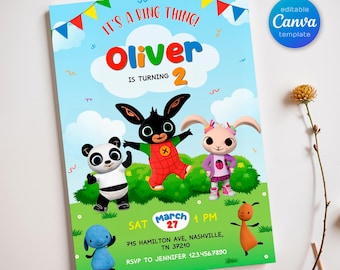 Bing Bunny Birthday Invitation, Its a Bing Thing Hop on Over Party Invite, Colourful Rabbit Toddler Party Editable Template