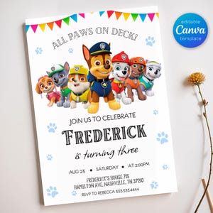 Invito modificabile stampabile Paw-ty, invito di compleanno per cuccioli ragazzo ragazza, festa per cuccioli, download immediato, modello di invito di compleanno per bambini Paw