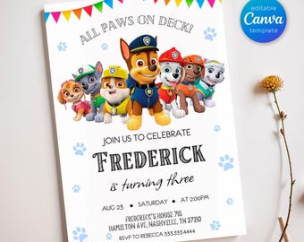 Invitación editable imprimible de Paw-ty, invitación de cumpleaños de cachorros para niño y niña, fiesta de cachorros, descarga instantánea, plantilla de invitación de cumpleaños de Paw Kids