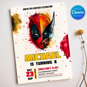 May include: A birthday invitation featuring a watercolor illustration of Deadpool and Wolverine. The invitation is for Michael's 8th birthday party, which will be held on September 23rd at Sebastian's Place. The address and RSVP information are included.