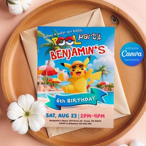Anime-Geburtstagseinladung, bearbeitbare Geburtstagsparty einladen, digitaler Download für Jungen, Pool-Party Thema druckbare Karte, benutzerdefinierte Pika Evite