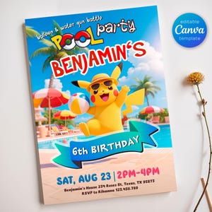 Anime Birthday Invitation, Editable bday Party Invite, Digital Download for Boys, Pool party Theme Printable Card, Custom Pika Evite