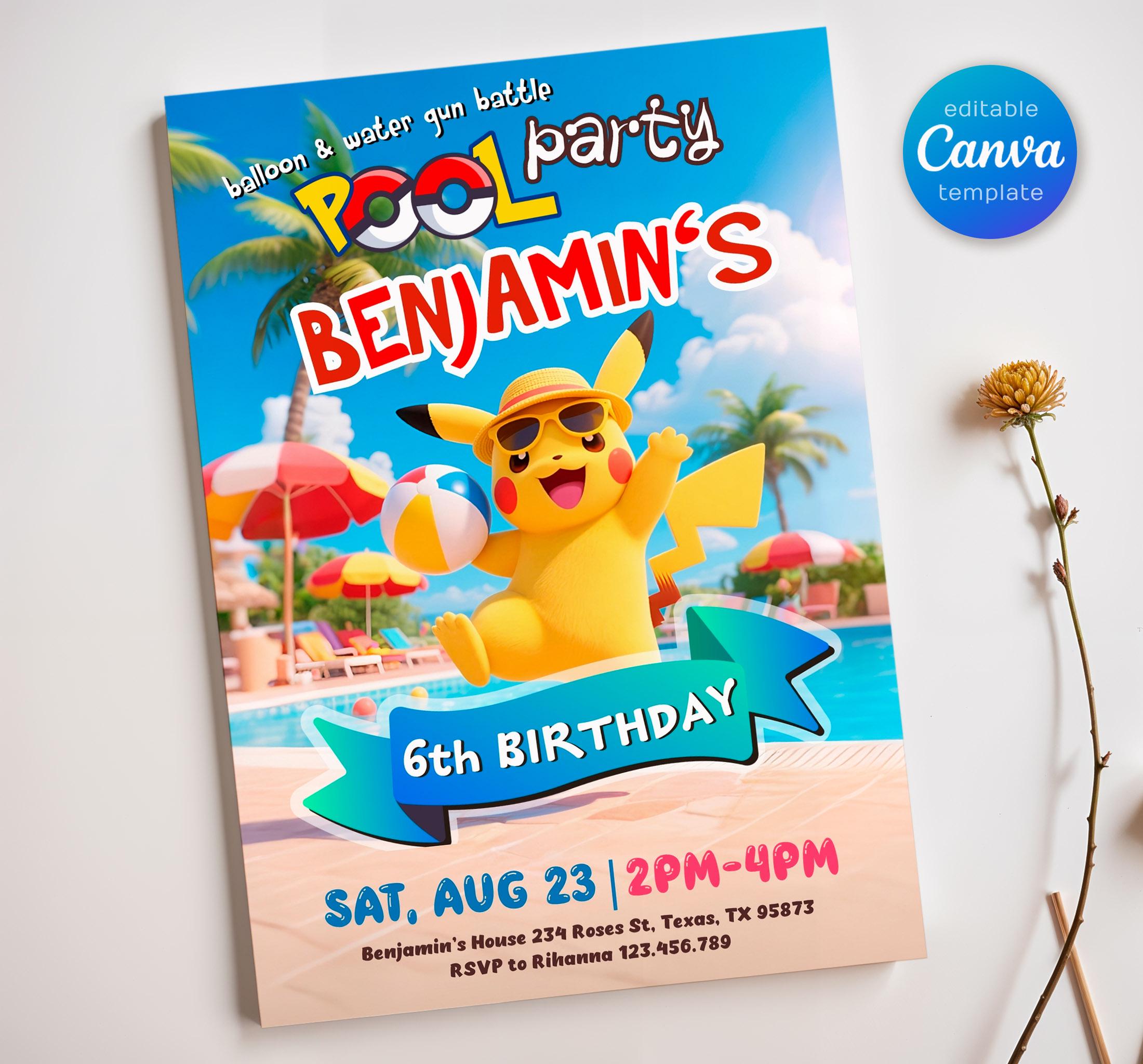 Anime Birthday Invitation, Editable bday Party Invite, Digital Download for Boys, Pool party Theme Printable Card, Custom Pika Evite
