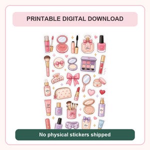 May include: A collection of digital stickers featuring pink and purple makeup items including lipstick, blush compacts, perfume bottles, nail polish, makeup brushes, a hair claw, a bow, a mirror, a makeup bag, and small heart icons on a white background.