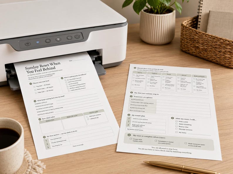 May include: Two white printed paper sheets featuring a Sunday Reset When You Feel Behind planner layout with checkboxes, lined sections, and structured task lists, resting on a wooden surface next to a printer, a coffee mug, and a pen.