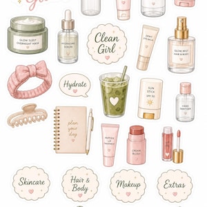May include: A collection of skincare, makeup, and lifestyle stickers featuring bottles, tubes, jars, a notebook, a pen, a hair clip, a headband, and drinks. Text includes Morning Glow, Clean Girl, Hydrate, Skincare, Hair & Body, Makeup, and Extras.