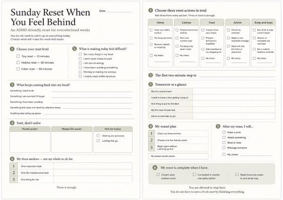 Sunday Reset Checklist, ADHD Friendly Weekly Planner, Printable Home and Self-Care Routine