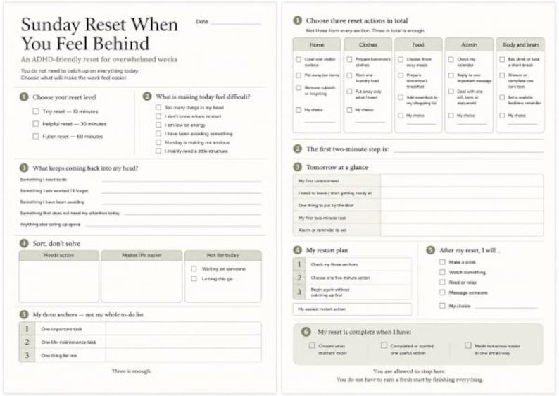 May include: A two-page printable planner titled Sunday Reset When You Feel Behind. The document features sections for choosing reset levels, identifying stressors, sorting tasks, and planning tomorrow, with checkboxes and lines for written notes.