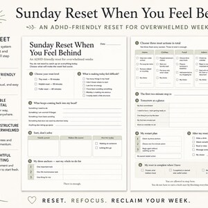 May include: A two-page Sunday Reset planner sheet with black text on a light background. The document includes sections for choosing reset levels, identifying difficulties, sorting tasks, and creating a restart plan to help manage weekly overwhelm.