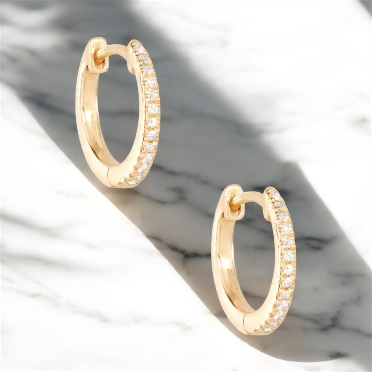 Diamond Hoop Earring / Diamond Huggies / 14k Solid Gold Huggie Earrings / Tiny Hoop Earrings / 10MM Diamond Hoop Earring / Last Minute Gift