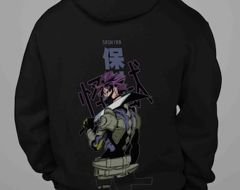 May include: Black hooded sweatshirt featuring a graphic of an anime character with purple hair and a mask, holding a sword. The back of the hoodie displays the name "Soshiro" in English and Japanese characters, with additional Japanese text.