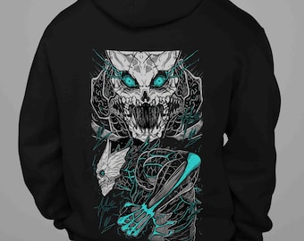 May include: Black hoodie featuring a detailed graphic of a skull with glowing blue eyes and intricate skeletal artwork. The design incorporates shades of white, black, and teal, creating a striking contrast. The hoodie has a hood and a front pocket.