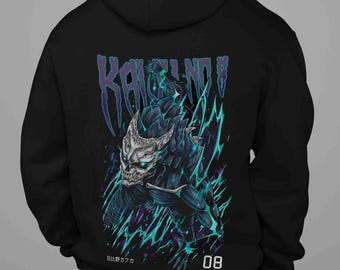 May include: Black hoodie featuring a detailed illustration of a monster with a skull-like face, surrounded by teal and purple lightning effects. The word "KAISUINO!" is above the graphic, with Japanese text and the number "08" below.
