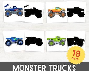 18 MONSTER TRUCKS Shadow Matching Game | Silhouette Visual Montessori Inspired | Matching Game for Visual Skills | Montessori Inspired