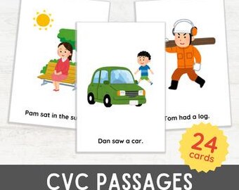 24 CVC Passages Flash Cards | Czytanie płynne dla początkujących czytelników | Edukacja domowa do druku Montessori Inspired