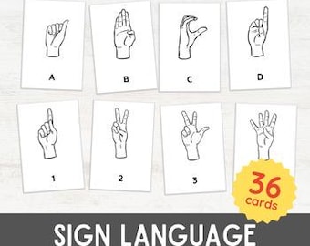 36 SIGN LANGUAGE Flash Cards | A-Z 1-10 Montessori Inspired 3 Part Homeschool Simple Minimalist Black White | Homeschool Printable