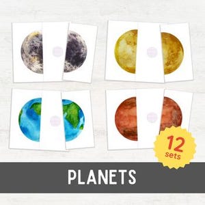 May include: Set of 12 watercolour planet illustrations. Each illustration features a different planet in the solar system, including Earth, Mars, Jupiter, and Saturn. The planets are painted in realistic colours and details.