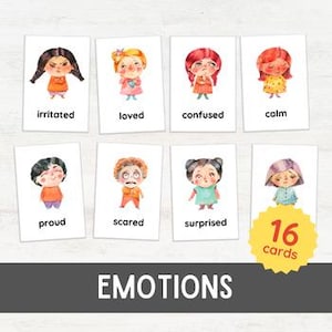 16 EMOTIONS Flash Cards | Mental Health Education for Preschool 3 Part Activity | Watercolor Montessori Inspired Printable