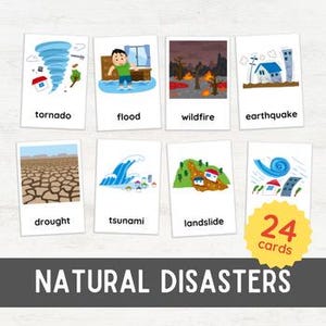 24 Cartões de memória flash de DESASTRES NATURAIS | Vocabulário em inglês de 3 partes com imagem amigável para crianças | Cartões de nomenclatura Montessori Planilha para impressão
