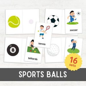 May include: A set of 16 sports ball flashcards featuring illustrations of various sports balls, including a football, tennis ball, golf ball, snooker ball, and a baseball. Each card includes a colour illustration of the ball and the name of the sport.