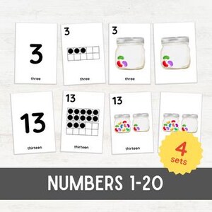 May include: Four sets of flashcards for learning numbers 1-20. Each set includes a card with the number, a ten-frame, a jar of jelly beans, and two jars of jelly beans. The cards are white with black text and images.