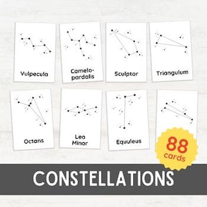 88 CONSTELLATIONS-flitskaarten | Astronomie Homeschool 3 Part | Stars STEM Space afdrukbare flashcards | Eenvoudige minimalistische witte achtergrond