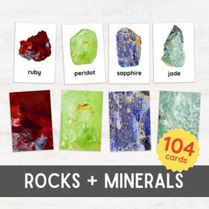 104 Schede Flash ROCCE E MINERALI / Gemme grezze non lucidate Abbinamento di modelli Geologia per bambini / Immagini reali stampabili ispirate al metodo Montessori