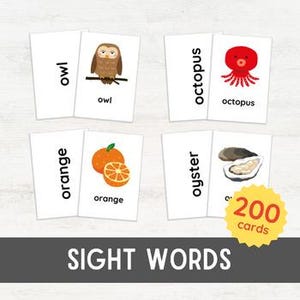 200 SIGHT WORDS Flash Cards | Minimalist Basic Nouns with Cute Picture Matching | English Vocabulary Montessori Inspired Printable