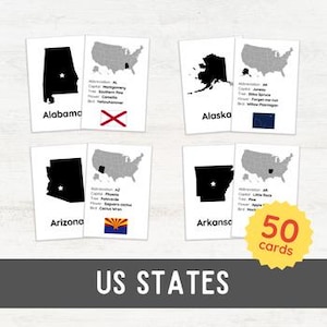 50 US Bundesstaaten Karteikarten | Hauptstädte Landkarten Flaggen Abkürzungen Bäume Blumen Vögel Nomenklatur | Geographie Homeschool Montessori inspiriert