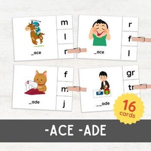 Może przedstawiać: Zestaw 16 kart edukacyjnych do nauki czytania z rodzinami wyrazów -ace i -ade. Karty zawierają ilustracje i płytki z literami, aby pomóc dzieciom w rozkładaniu wyrazów na sylaby.