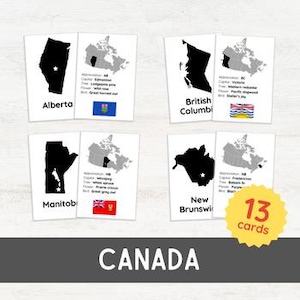 13 KANADA Bildkarten | Hauptstädte Landkarten Flaggen Abkürzungen Bäume Blumen Vögel | Geographie für Kinder Montessori inspiriert Printable