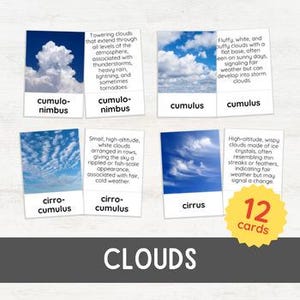 12 WOLKEN-flitskaarten | Weersvoorspelling Identificatie Homeschool Study Unit | Kaarten met montessorinomenclatuur | Afdrukbaar pdf-werkblad