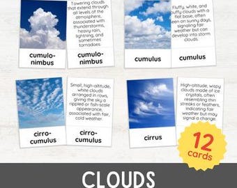 12 CLOUDS Flash Cards | Weather Forecast Identification Homeschool Study Unit | Montessori Nomenclature Cards | Printable PDF Worksheet